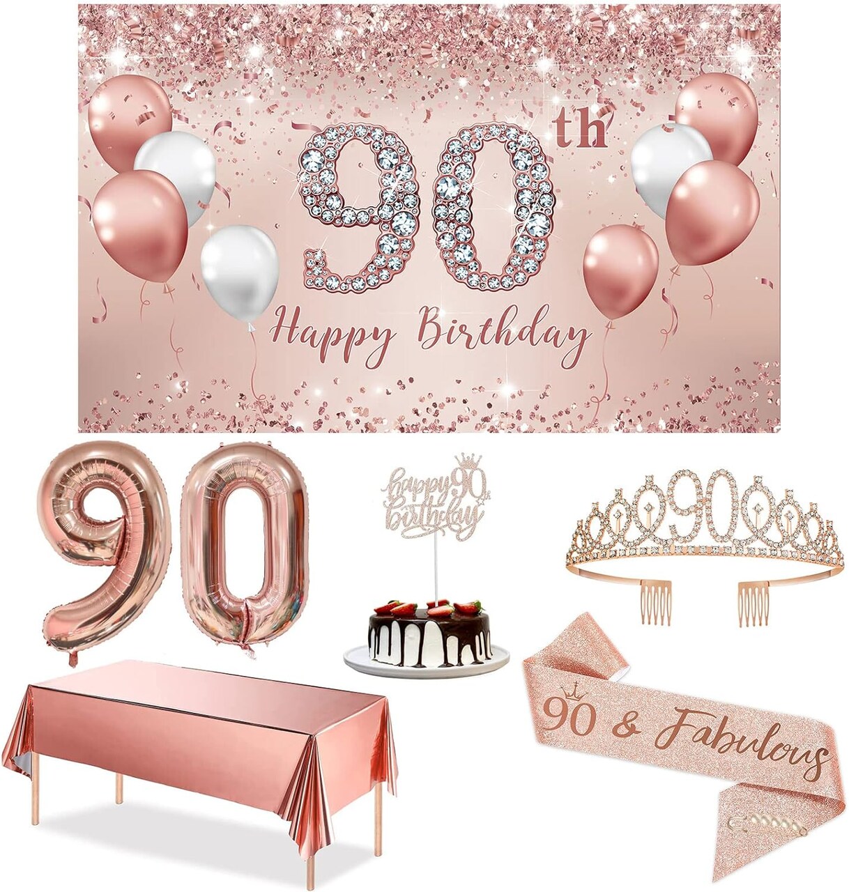 90th Birthday Decorations Party Set for Women, Rose Gold 90 Birthday Banner and Tablecloth, 90 & Fabulous Sash and Tiara, 1PC Happy 90th Birthday Cake Topper, Pink Gold 90 Number